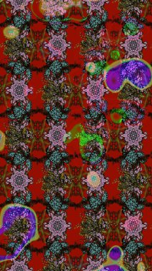 Küçük çiçekteki sevimli çiçek deseni. Renkli ve kahverengi raster çizimi. Birçok kırmızı ve kahverengi soyut çiçekli tropikal çizim deseni.