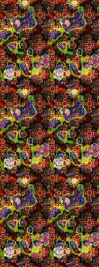 Moda baskıları için zarif bir şablon. Parlak renkli çiçekleri olan ve kahverengi ve siyah renkli yaprakları olan harika bir çiçek deseni. Halk tarzı. Modern çiçek arkaplanı.