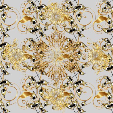 Damask altın soyut çiçek deseni gri ve sarı renklerde. Süsleme.
