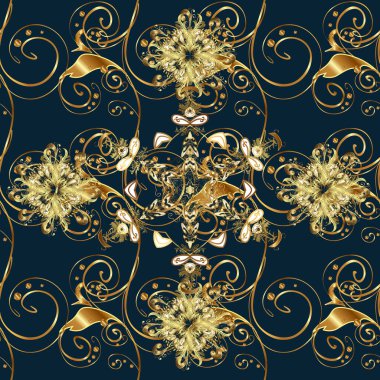 Tekrarlayan elementlerle kusursuz soyut arkaplan. Zarif klasik model. Mavi, kahverengi ve altın desenli.