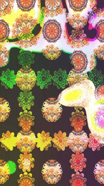 Raster deseni. Raster illüstrasyonu. Patlayan çiçekler soyut olarak yerleştirilmiş. Kahverengi ve yeşil renklerde bahar çiçekleri..