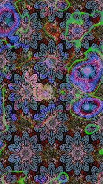 Floral sketch pattern with watercolor flowers. Raster illustration. In asian textile style on neutral and black colors.