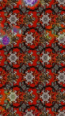 Çiçeksel elementlerle süslenmiş zarif raster dokusu. Küçük çiçekte hoş bir çiçek deseni var. Parlak çiçekli kahverengi ve kırmızı renkler üzerine soyut çizim deseni.