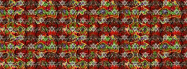 Raster illüstrasyonu. Patlayan çiçekler soyut olarak yerleştirilmiş. Raster deseni. Nazikçe, bahar çiçekleri kahverengi ve kırmızı renklerde.