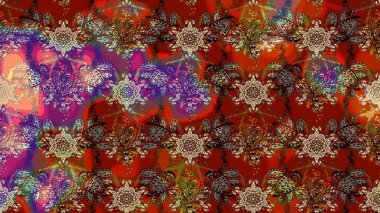 Raster illüstrasyonu. Suluboya çiçekli çiçek deseni. Kahverengi ve kırmızı renkli güzel tekstil.