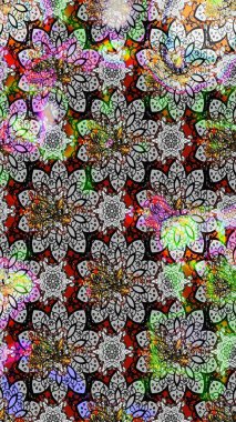 Raster deseni. Gri ve nötr renklerde bahar çiçekleri. Patlayan çiçekler soyut olarak yerleştirilmiş. Raster illüstrasyonu.