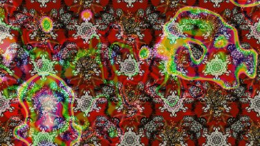 Kırmızı ve kahverengi renkte çiçekler. Çiçek desenli çizim. Raster illüstrasyonu. Raster illüstrasyonu. Asya tekstil tarzında.