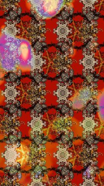 Çiçek desenli çizim. Asya tekstil tarzında. Renkli Bahar Teması eskiz kalıbı. Kahverengi ve kırmızı renkte çiçekler. Raster illüstrasyonu. Düz Çiçek Elementleri Tasarımı.