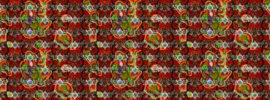 Tekstil için suluboya eskiz deseni. El çizimi çiçek çizimi deseni (fayans). Şirin çiçekleri, desenleri, kahverengi ve kırmızı renkleri olan renkli çizim deseni.