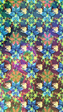 Raster illüstrasyonu. Şirin çiçekli eskiz deseni ve mavi ve yeşil renkli yapraklar, suluboya çiçek deseni, duvar kağıdı, kart veya kumaş için fayanslı.