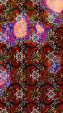 Şirin çiçekli, desenli, kahverengi ve kırmızı renklerde renkli bir eskiz deseni. Tekstil için suluboya eskiz deseni. El çizimi çiçek çizimi deseni (fayans)).