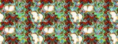 Çiçek desenli çizim. Raster illüstrasyonu. Raster illüstrasyonu. Asya tekstil tarzında. Yeşil ve nötr renkte çiçekler.