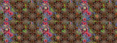 Moda arka planında parlak buketler. Eski usul küçük çiçekli şirin bir eskiz deseni. Kumaş, duvar kağıdı ve kağıt üzerine baskı yapmak için gelişen arka plan. Raster illüstrasyonu.