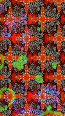 Raster illüstrasyonundaki çiçek desenli çizim. Kırmızı ve kahverengi renkte çiçekler. Renkli Bahar Teması eskiz kalıbı. Düz Çiçek Elementleri Tasarımı.