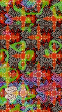 Kumaş desenli papatya çiçeği detayı. Kahverengi ve yeşil renkte çiçekler.