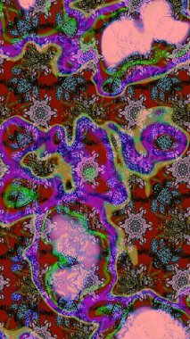 Kırmızı ve kahverengi renkli Asya tekstili. Raster illüstrasyonu. Suluboya çiçekli çiçek deseni.