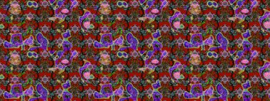 Raster çiçek desenli çiçek deseni, yapraklar, dekoratif elementler, sıçrama, lekeler, el çizimi kontur çizgileri ve Doodle çizim stili, grafik raster çizim çizimi.