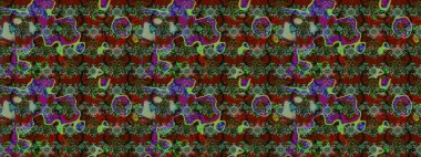 Raster. Yeşil ve kırmızı renkte güzel çiçekleri olan eskiz deseni, suluboya çiçek deseni, duvar kağıdı, kart veya kumaş için fayanslı.