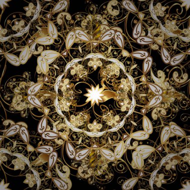 Siyah ve kahverengi renklerde, altın elementlerle kusursuz klasik desen. Noel, kar tanesi, yeni yıl 2019.