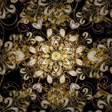 Golden element on black and brown colors. Luxury, royal and Victorian concept. Ornate vector decoration. Vintage baroque floral seamless pattern in gold over black and brown.