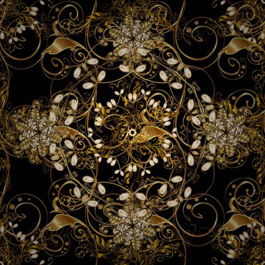 Antique golden repeatable wallpaper. Golden floral ornament in baroque style. Damask seamless pattern repeating background. Golden element on black and brown colors.