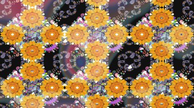 Raster Floral Illustration, Asyalı tekstil. Sarı renkli etnik çiçeklerle zarif eskiz deseni.