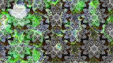 Raster Floral Illustration, Asyalı tekstil. Gri ve yeşil renkli etnik çiçeklerle zarif bir eskiz deseni..