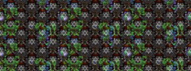 Raster Floral Illustration in asian textile. Elegance sketch pattern with ethnic flowers on gray and black colors.