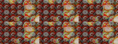 Raster illustration. On gray and brown colors. Indian ornament. Floral wallpaper. Colorful ornamental border. Sketch pattern.