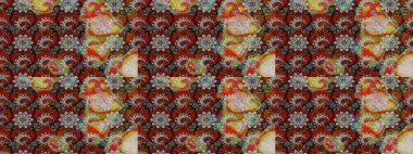 Raster illustration. On gray and brown colors. Indian ornament. Floral wallpaper. Colorful ornamental border. Sketch pattern.