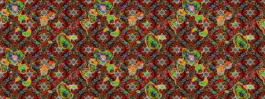 Tekstil, kumaş, ambalaj, hatıra defteri için hoş bir çiçek arkaplanı. Kahverengi ve kırmızı arka planda. Çocuksu tasarım. Elle çizilmiş karalama çiçekleri ile Raster çizim deseni.