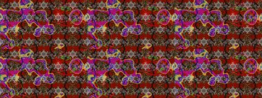 Çiçek süslemeli çizim deseni. Raster illüstrasyonu. Kahverengi ve kırmızı renkte çiçekler.