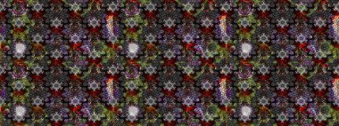 Parlak renkli çiçekleri olan ve gri ve siyah renkte yaprakları olan harika bir çiçek deseni. Halk tarzı. Moda baskıları için zarif bir şablon. Modern çiçek arkaplanı.