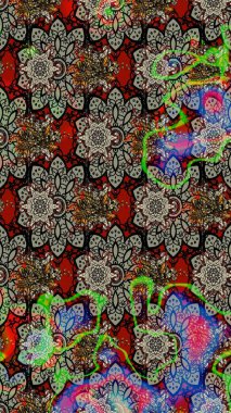 Raster Çiçek İllüstrasyonu 'nun şirin tekstili. Gri ve siyah renkte etnik çiçeklerle süslenmiş zarif bir eskiz..