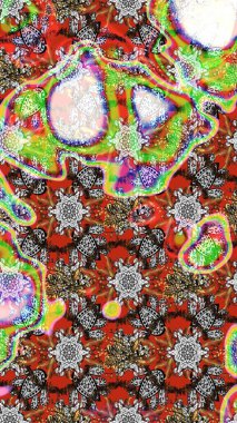 Halk tarzı. Moda baskıları için zarif bir şablon. Modern çiçek arkaplanı. Parlak renkli çiçekleri ve gri ve kahverengi renkte yaprakları olan muhteşem bir çiçek deseni..