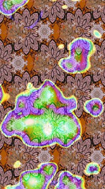 Tarafsız ve kahverengi renklerde. Çizim kalıbı. Renkli süs kenarı. Raster illüstrasyonu. Hint süsü. Çiçek duvar kağıdı.