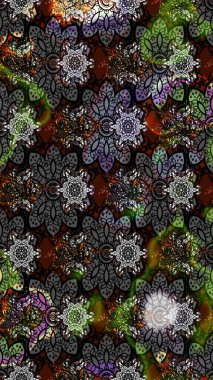 Parmak izi, kumaş, duvar kâğıdı, tekstil için raster dokusu. Renkli grunge soyut arka planda kologray ve siyah çiçeklerle zenginleşir. Nakış desenli çiçek deseni..