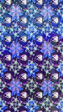 Retro textile design collection. 1950s-1960s motifs. Abstract sketch raster pattern with hand drawn floral elements. Silk scarf with blooming flowers. Blue and violet on blue and violet.
