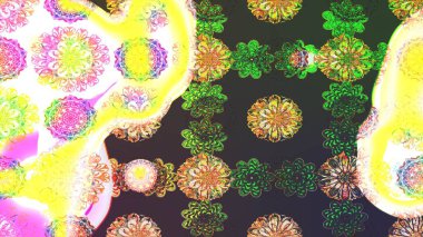 Tekrarlayan çiçek arkaplanı, zarif yeşil ve sarı çiçek duvar kağıdı. Yeşil ve sarı renkler üzerine çiçek desenli çizimler, el yapımı papatyalar, papatyalar.