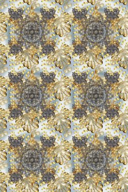 Golden pattern on neutral, beige and gray colors with golden elements. Traditional orient ornament. Classic vintage background. Seamless classic raster golden pattern.