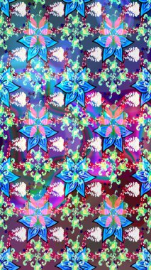 Mavi renkli bitkilerden oluşan parlak çiçekli çizim deseni.