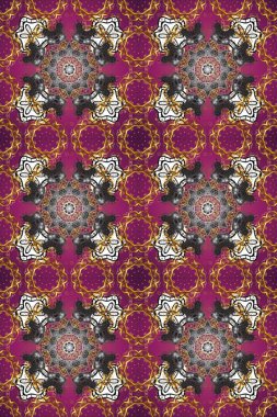 Kusursuz raster arka plan. Şık bir grafik desen. Duvar kâğıdı barok, İspanyol kumaşı. Kahverengi, gri ve mor renklerde altın elementler. Çiçek deseni.