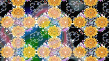 Abstract seamless raster pattern with hand drawn floral elements. Silk scarf with blooming flowers. Retro textile design collection. 1950s-1960s motifs. Yellow and beige on yellow and beige.