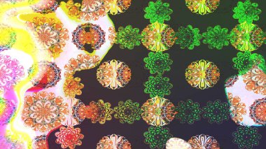 Raster illüstrasyonu. Yeşil ve gri renkli çiçekler. El çizimi çiçekli soyut çizim deseni.