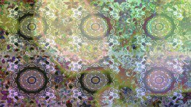 Raster deseni. Ağaç dallı bahar çiçekleri ile desen, nötr ve gri renkler ile çiçek silueti.