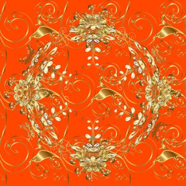 Kusursuz vektör arkaplanı. Turuncu ve kahverengi renklerde grafiksel, modern, pürüzsüz desen. Kusursuz çiçek deseni. Duvar kâğıdı barok, İspanyol kumaşı.