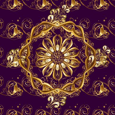 Senin tasarımın için, duvar kağıdı. Kahverengi ve bej renklerde altın desenli altın çiçekli elementler. Vektör geometrik arkaplan. Altın rengi kusursuz illüstrasyon.