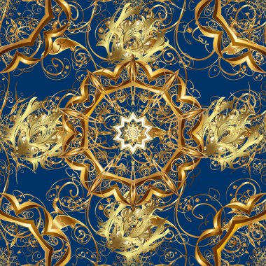 Noel, kar tanesi, yeni yıl 2019. Altın elementlerle mavi ve kahverengi renklerde kusursuz klasik desen.