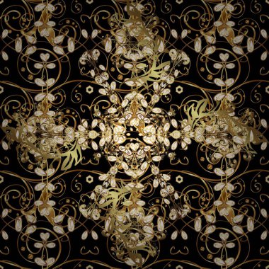 Seamless golden pattern. Golden pattern on pleasant colors with golden elements. Raster oriental ornament.