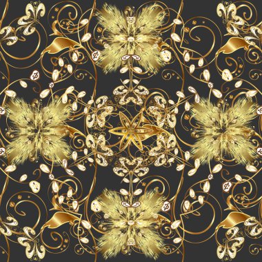 Seamless pattern on pleasant colors with golden elements. Raster illustration. Traditional orient ornament. Classic vintage background. Seamless classic raster golden pattern.